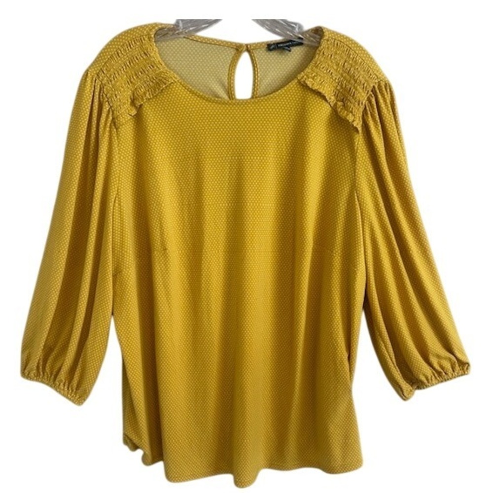 Adrianna‎ Papell Women's Yellow Gold & White Polka Dot 3/4 Sleeve Blouse 1X